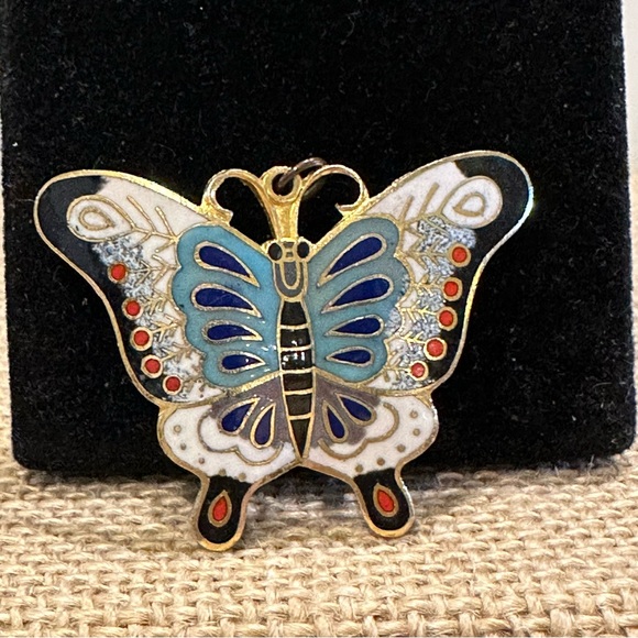 Gorgeous Cloisonne Butterfly Brooch / Pendant- gold tone w/ blue, black, white - Picture 3 of 8